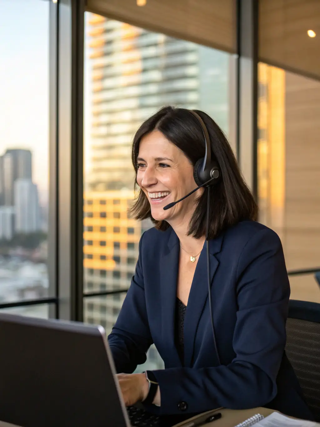 A professional businesswoman smiling confidently while efficiently managing customer calls using AI-powered phone services in a modern office setting.