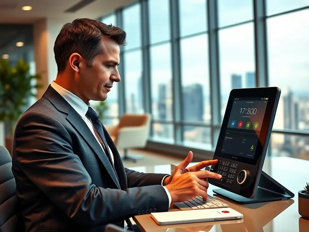 A professional businessman is efficiently managing customer calls using an AI-powered phone system in a modern office setting, showcasing the ease and effectiveness of the service.