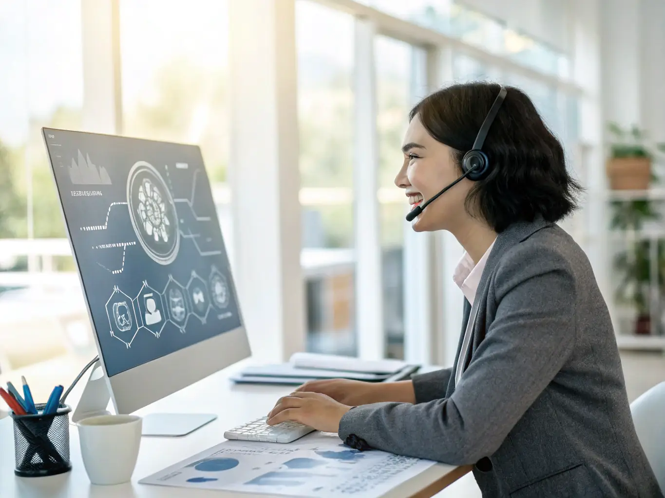 A customer service representative efficiently handling multiple calls using the AI phone services platform, showcasing the platform's ability to manage high call volumes.