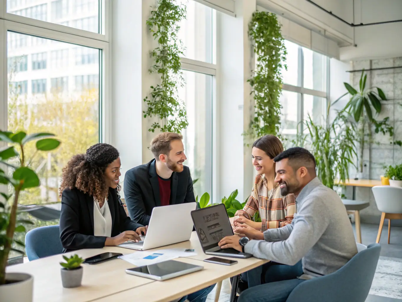 A diverse team of professionals collaborating in a modern, tech-enabled office, using AI phone services on various devices to communicate efficiently and effectively.