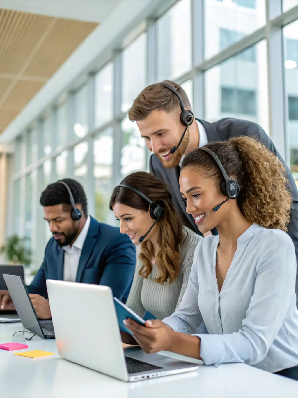 A professional photo of a diverse team collaborating in a modern office, using AI-powered phone systems on their computers and mobile devices, showcasing seamless communication.