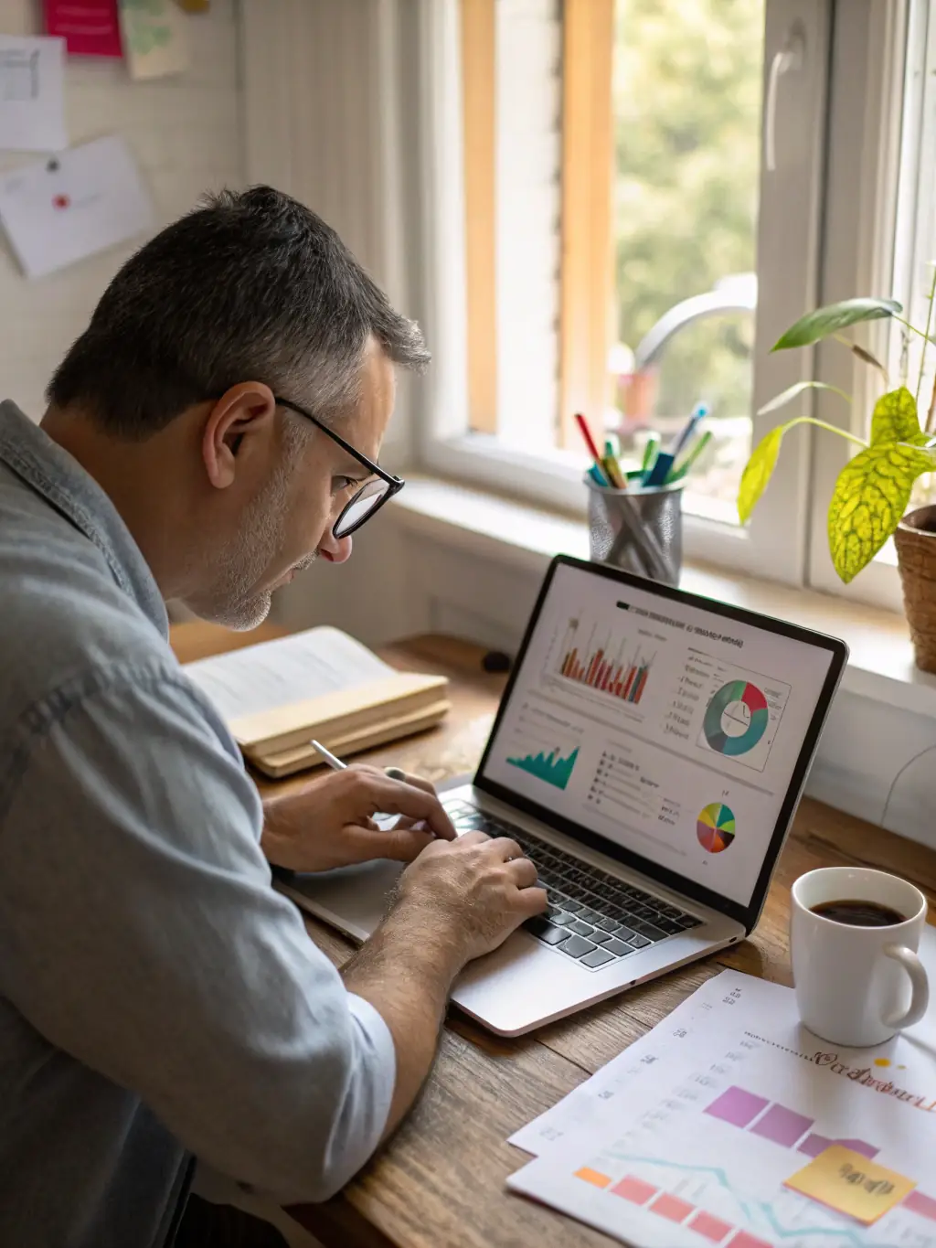 A small business owner reviewing analytics dashboard showing improved call handling times and customer satisfaction scores after implementing AI phone services.
