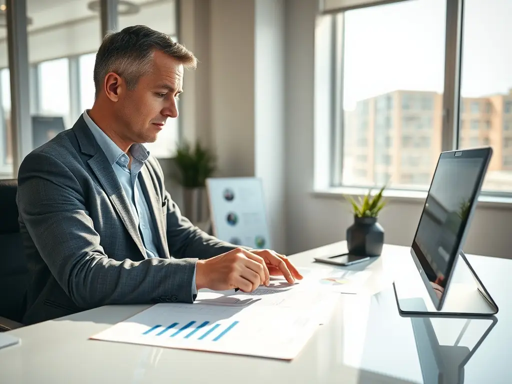 A small business owner reviewing detailed analytics and performance reports generated by the AI phone system, highlighting the data-driven insights provided by the service.