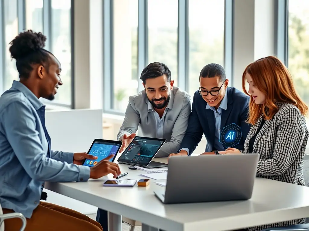A diverse team of professionals collaborating on communication strategies using AI-driven phone services, emphasizing the collaborative and efficient nature of the platform.